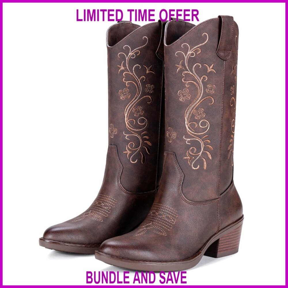 Women's Embroidered Cowboy Boots, Mid-Calf Western Pull-On With Chunky Heel